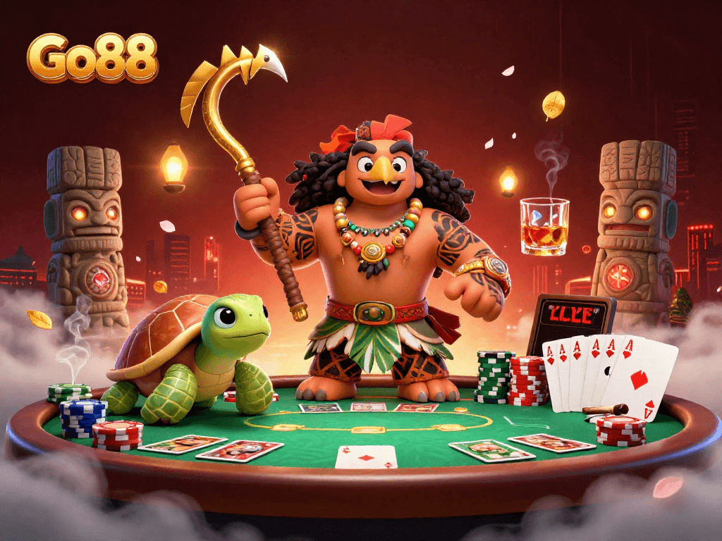 Experience the thrill of Go88 with vibrant 3D casino characters amidst poker elements and festive details.