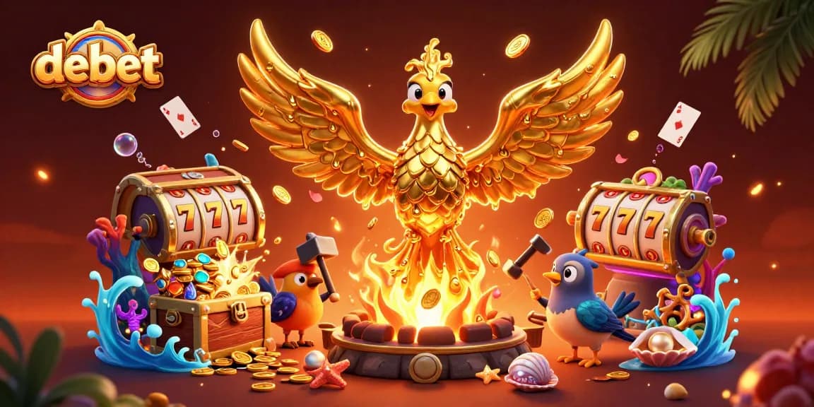 Experience the thrill of debet with a molten gold phoenix and vibrant casino elements in a captivating illustration.