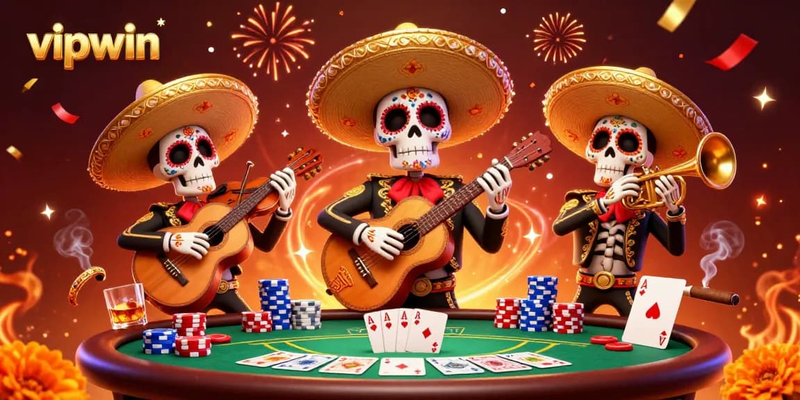 Experience the thrill of betting at vipwin casino with vibrant 3D mariachi band and poker elements.