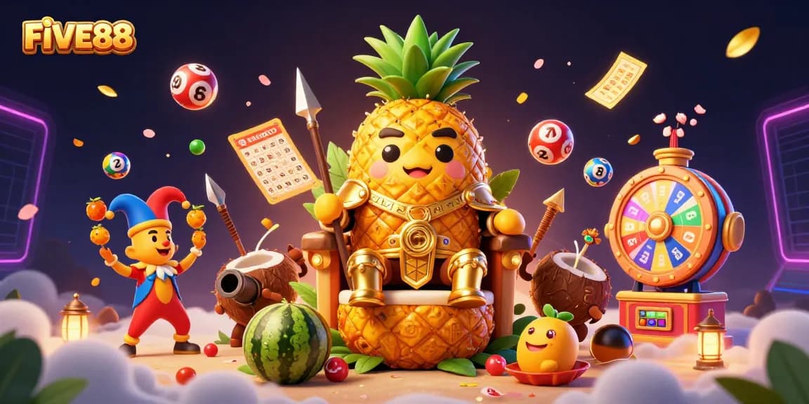 Experience the thrill at FIVE88 with vibrant games and golden prizes in a lively casino scene.