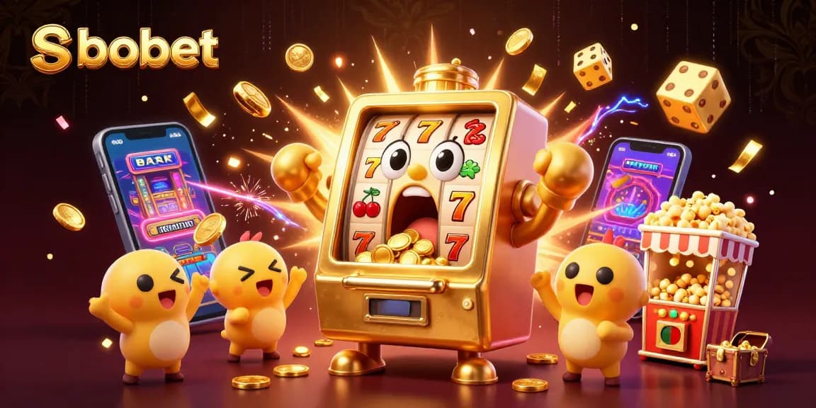 SBOBET slots scene with a jubilant golden slot machine celebrating its jackpot amidst colorful casino elements