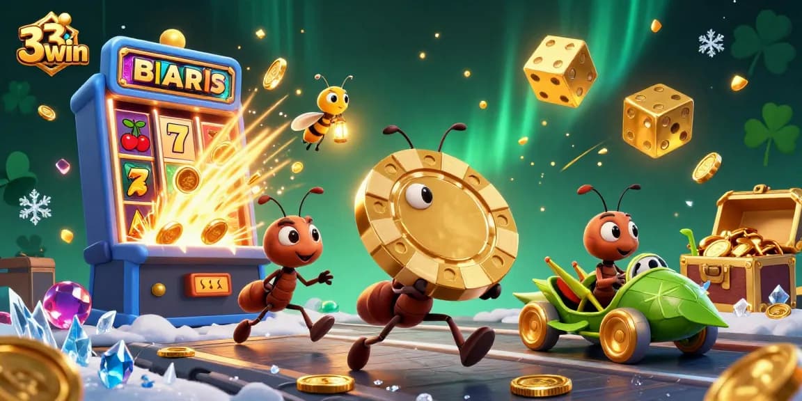 33win showcases a vibrant 3D scene with ants heisting a poker chip, framed by a jackpot explosion and casino elements.