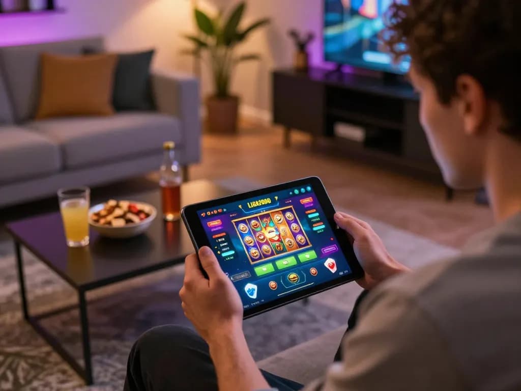 LIGA2000 player enjoying a thrilling online gaming session on a tablet in a cozy environment.