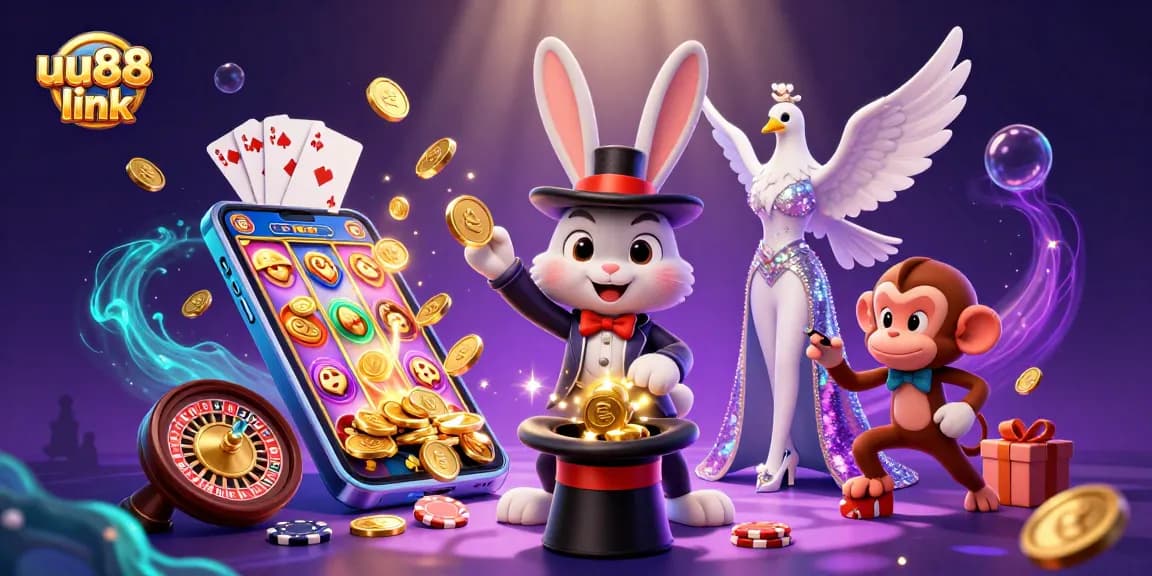 Witness the magic at uu88 link with a dynamic casino scene featuring a rabbit, dove, and monkey.