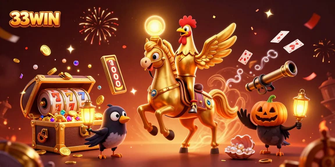 Experience the festive thrill at 33WIN with a golden rooster and mystical casino elements.