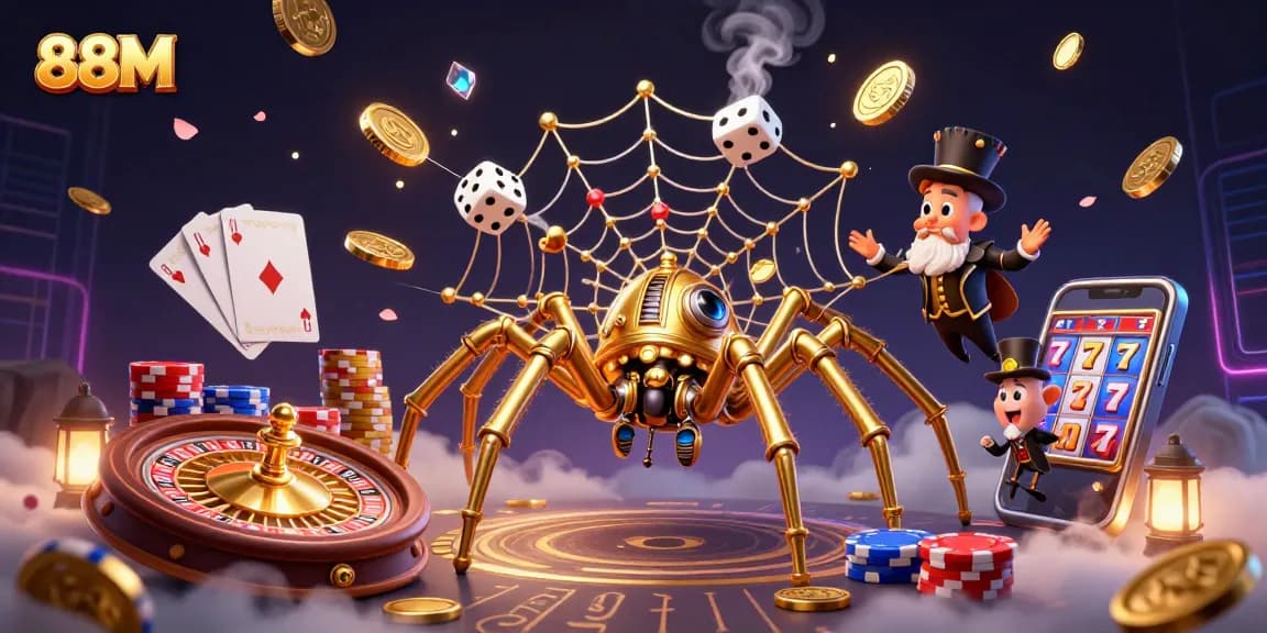 Engage with 88M's thrilling casino world, featuring dynamic 3D characters in an electrifying gambling scene.