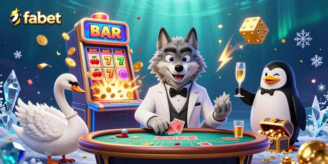 Experience the thrill of fabet with a 3D wolf at a baccarat table and a jackpot explosion around.