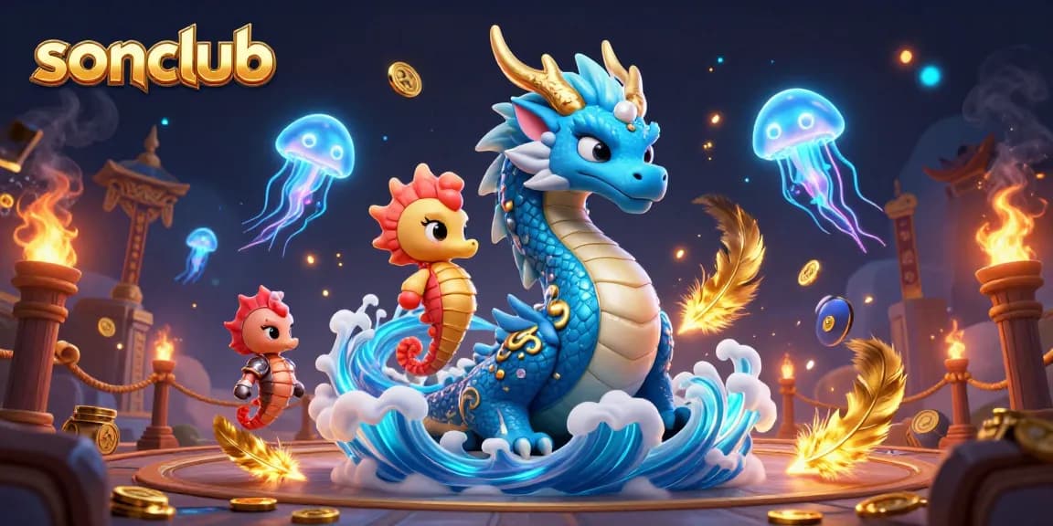 Experience the thrill of gameplay at sonclub with vibrant dragons, jellyfish, and dynamic casino elements.