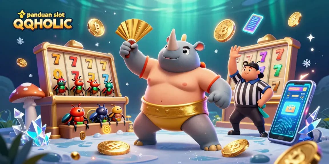 Experience thrilling slot action at QQHOLIC with the cartoon rhinoceros beetle champion amidst dazzling game elements.
