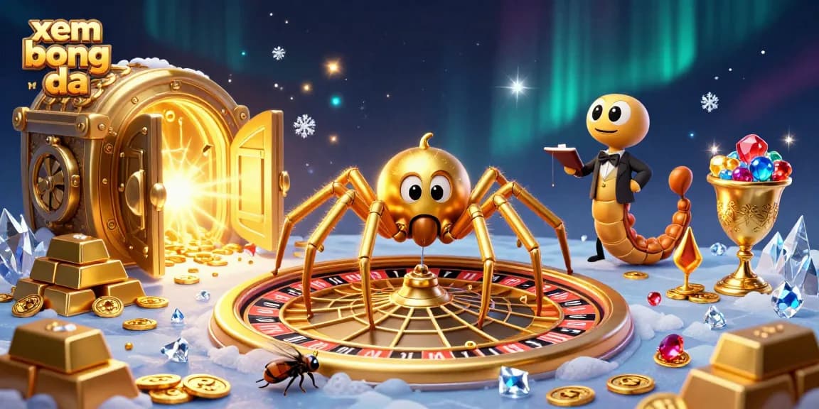 Experience xem bong da in a vibrant fantasy scene with a golden spider and croupier spinning a roulette web.