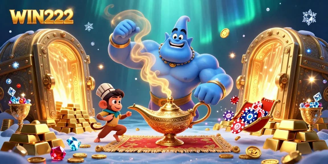 Enhance your gaming experience with WIN222 in this vibrant 3D illustration of a genie and treasures.