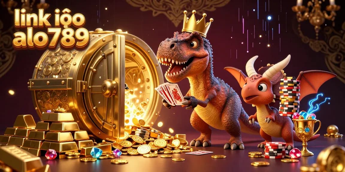 Engage with the thrilling action at link vào alo789 as a T-Rex plays cards, surrounded by treasure elements.