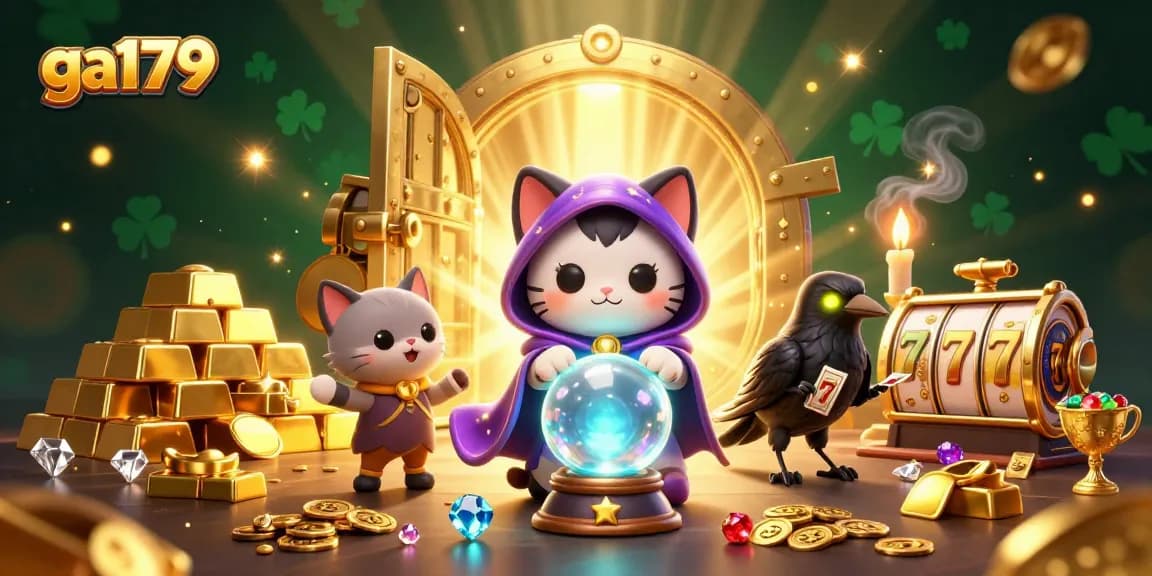 Engage with ga179's captivating casino scene featuring a mystic cat and treasures.