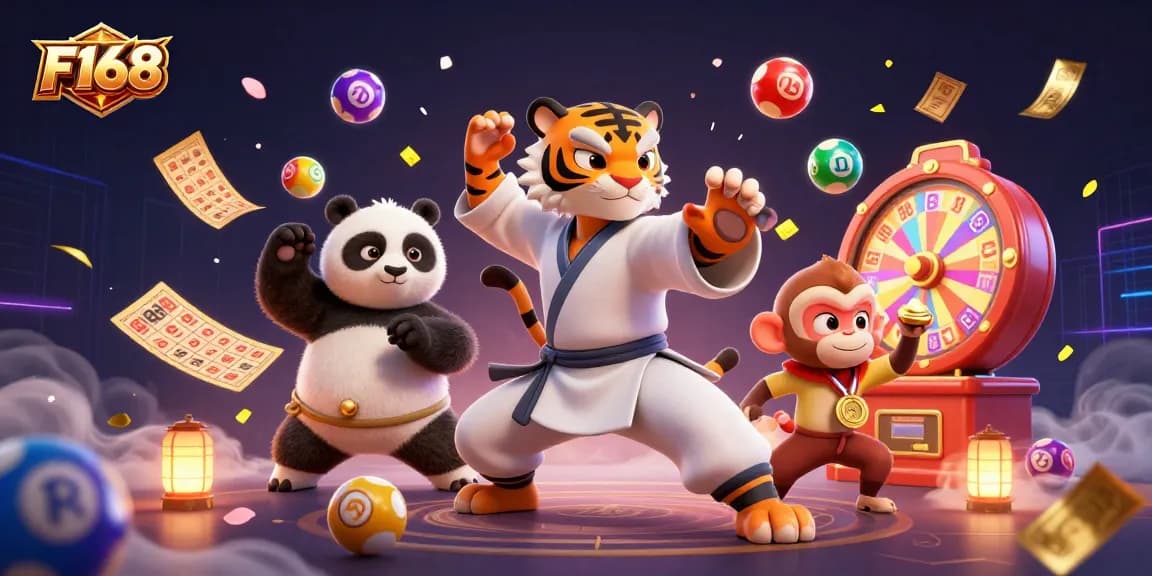 Join the fun at F168 as the kung fu tiger takes center stage amidst thrilling lottery elements.