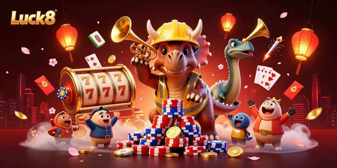 Experience Luck8 with the triceratops celebrating, as vibrant poker chips and slot reels create excitement in this 3D casino scene.