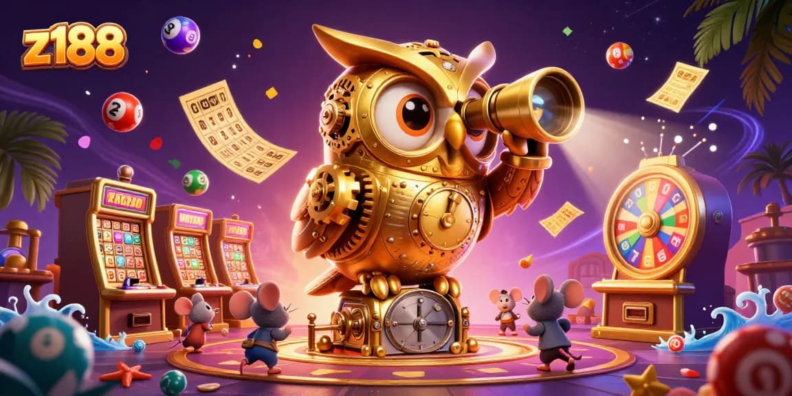Experience the vibrant z188 casino action with golden owl and lively mouse patrons amid colorful games.