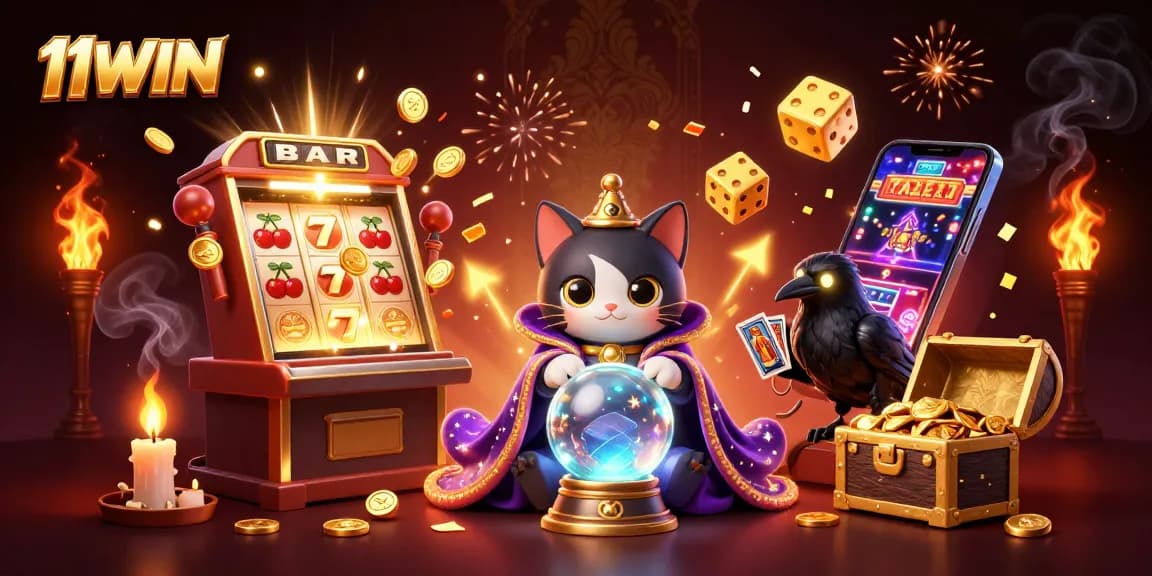 Engage with 11WIN's vibrant casino scene featuring a mystic cat, tarot raven, and jackpot elements.