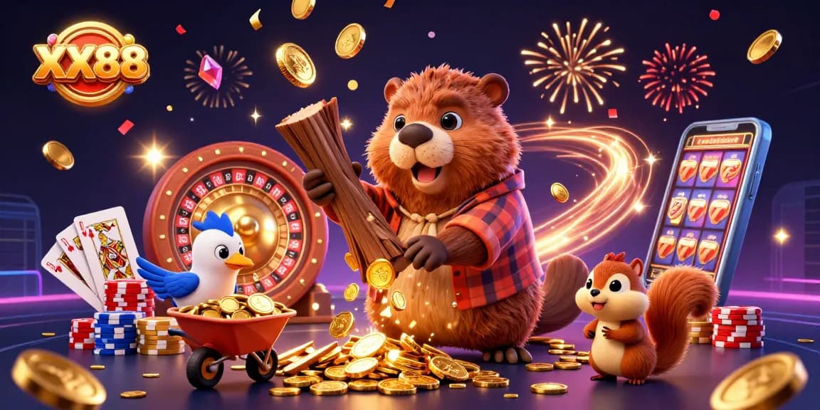 Experience thrilling gambling with XX88, featuring a beaver and friends collecting golden coins.