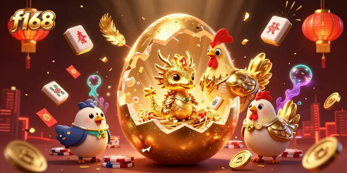 Experience f168's vibrant casino atmosphere with a golden dragon amidst poker chips and festive elements.