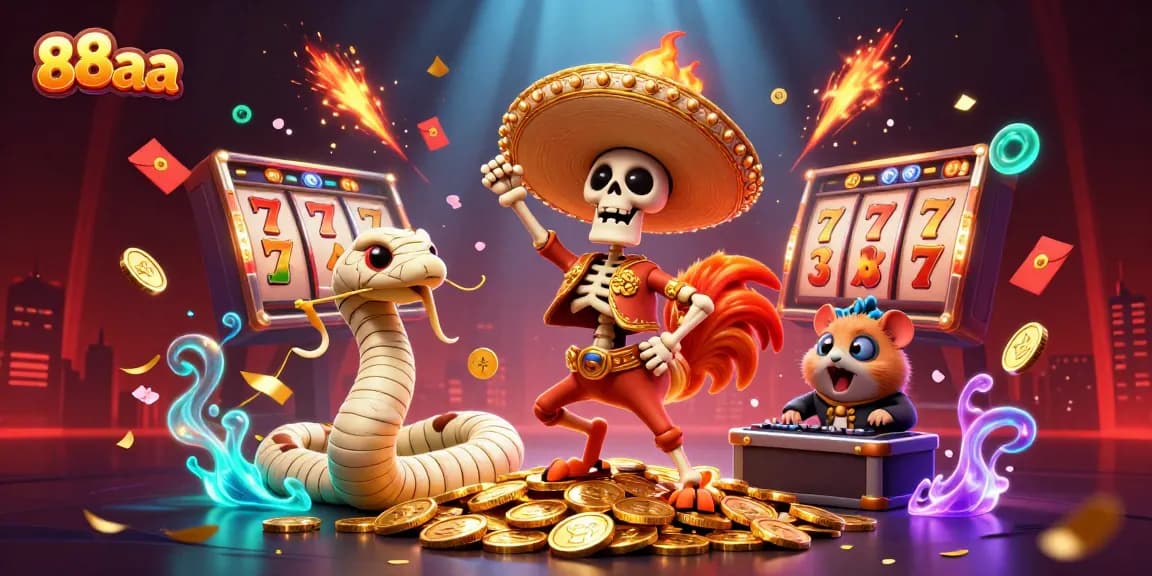 Win exciting jackpots at 88aa, seeing a lively mariachi rooster dance amidst colorful slot symbols.