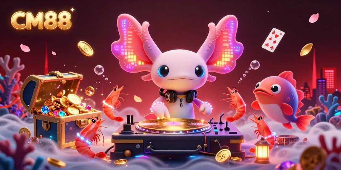 Experience the vibrant CM88 online casino scene featuring an axolotl DJ and lively marine characters.