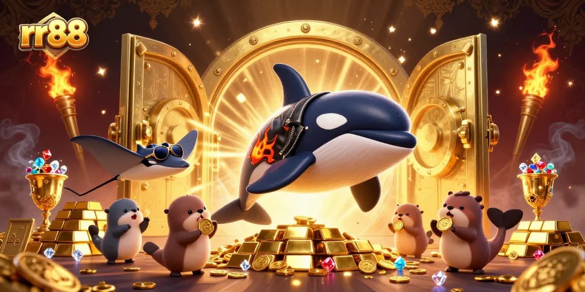 Play thrilling games at rr88, featuring orca whale and otters in a vibrant casino scene.