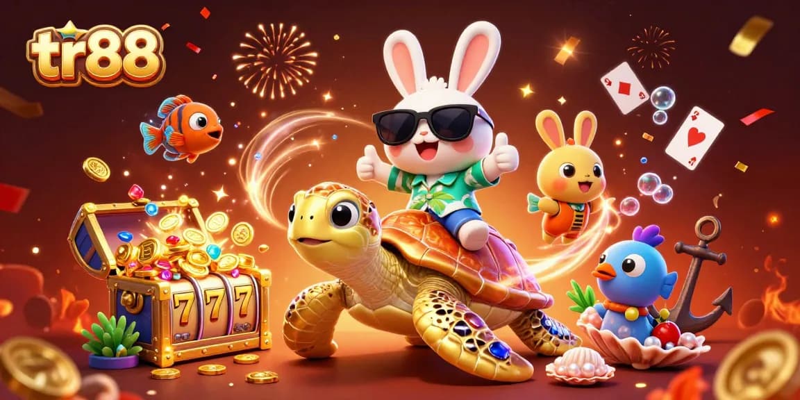 Spin the reels at tr88 with a lucky rabbit and golden turtle amid vibrant casino elements.