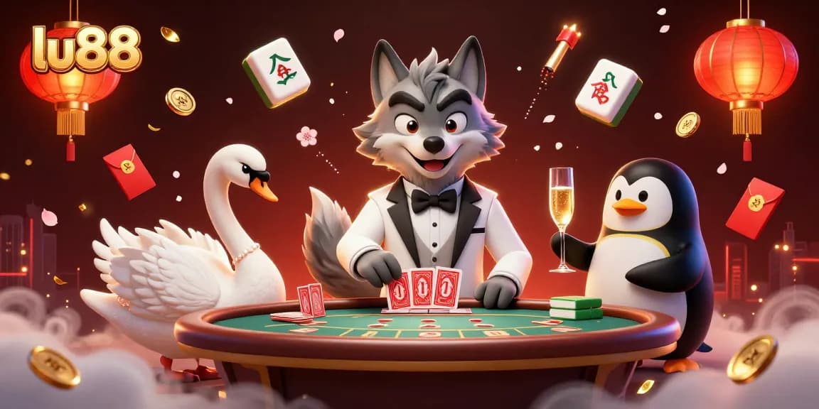 Experience the thrill of gambling at lu88 with a luxurious baccarat setting featuring engaging characters and festive elements.