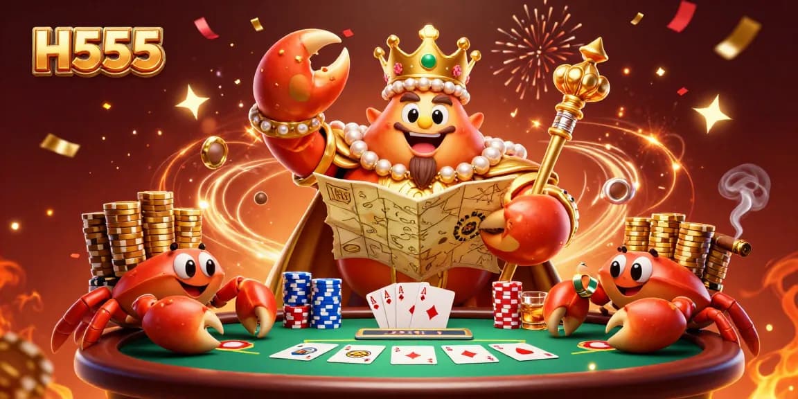 Experience the casino with H555, showcasing a dynamic crab emperor leading a vibrant gaming scene.