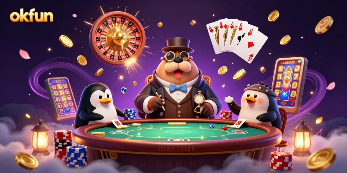 Experience thrilling poker action with okfun's vibrant 3D casino scene showcasing charming animated characters and dynamic game elements.