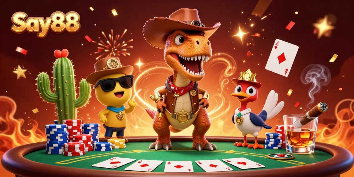 Experience thrilling gaming action at Say88 with a lively casino scene featuring poker and vibrant characters.