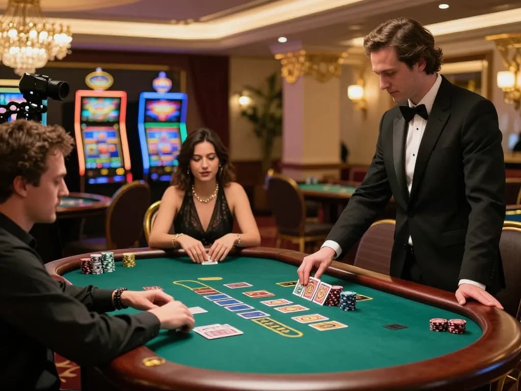 MM88 gaming table with players engaged in blackjack under sophisticated lighting.