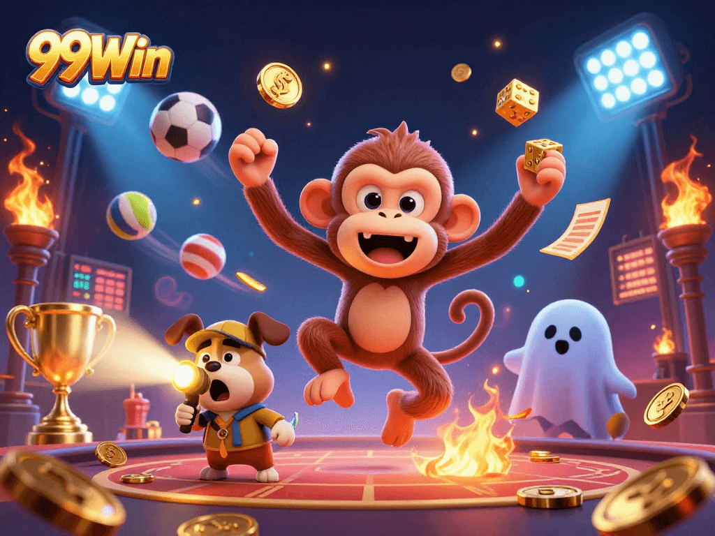 Experience thrilling gaming at 99Win with a fun 3D casino illustration featuring playful characters.