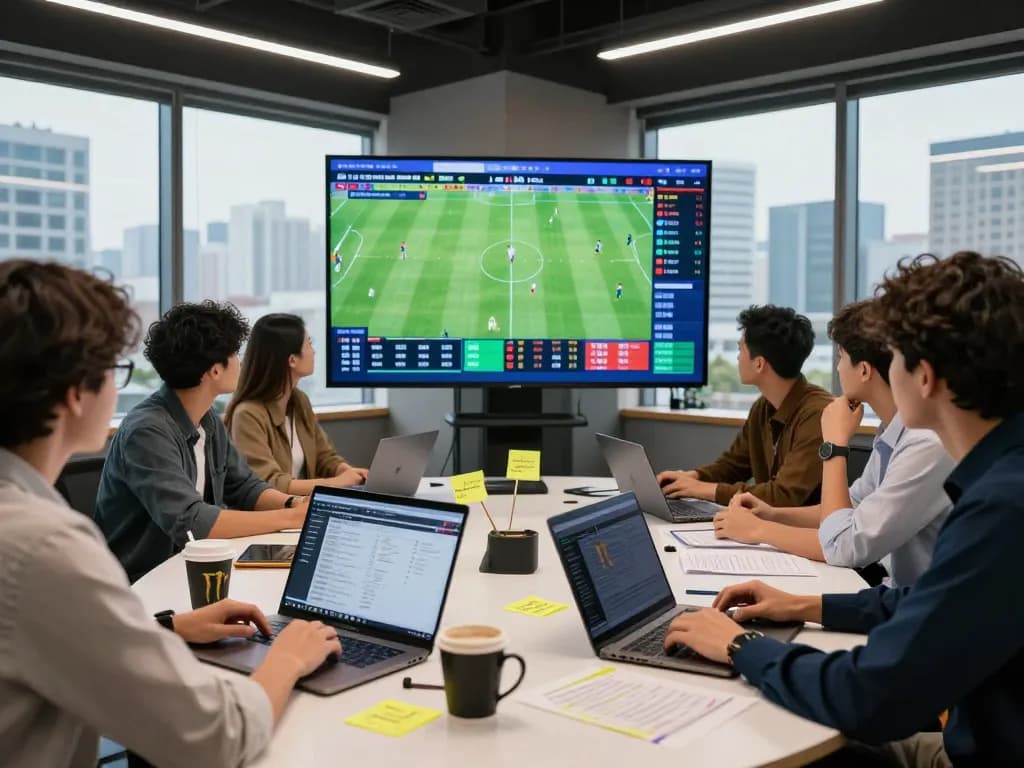 Kèo nhà cái hôm nay discussion in a vibrant sports analytics room with diverse enthusiasts analyzing live odds and statistics.