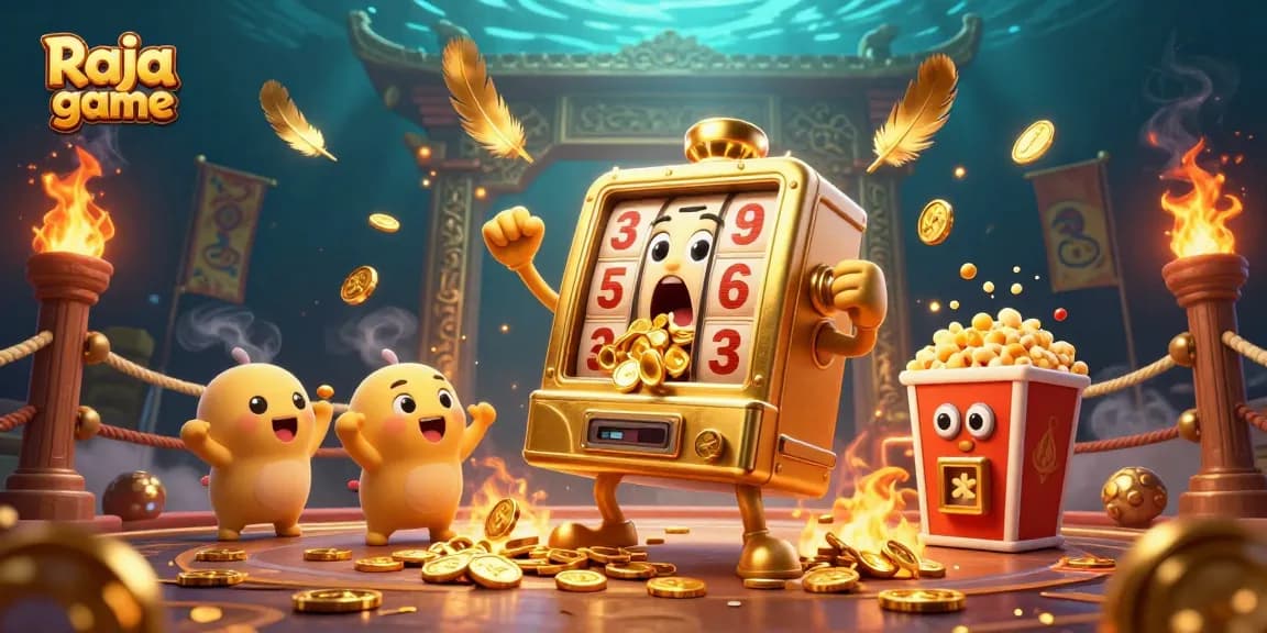 Win big on Raja game as you watch a golden slot machine hit a jackpot surrounded by cheering baby machines.