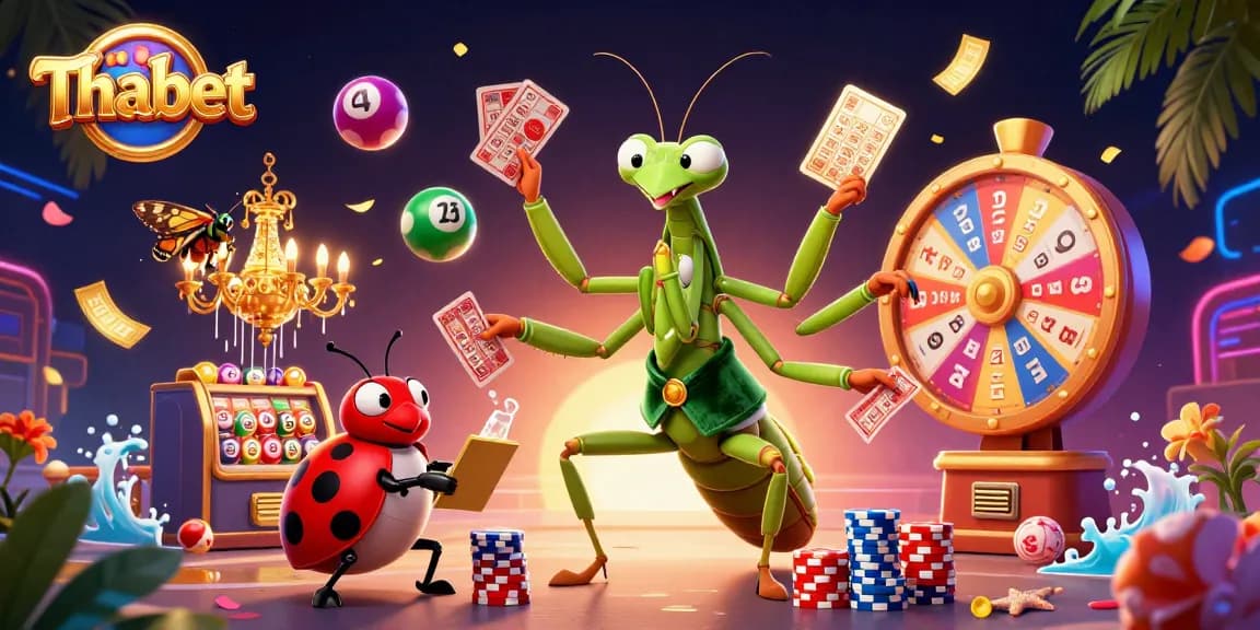 Thabet showcases a giant praying mantis card sharp and ladybug pit boss in an energetic casino scene.