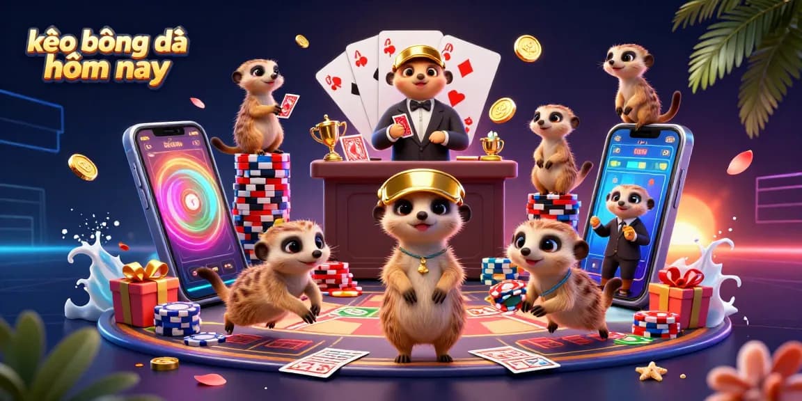 Bet on sports today with detailed visuals of kèo bóng đá hôm nay in a vibrant meerkat-themed betting scene.