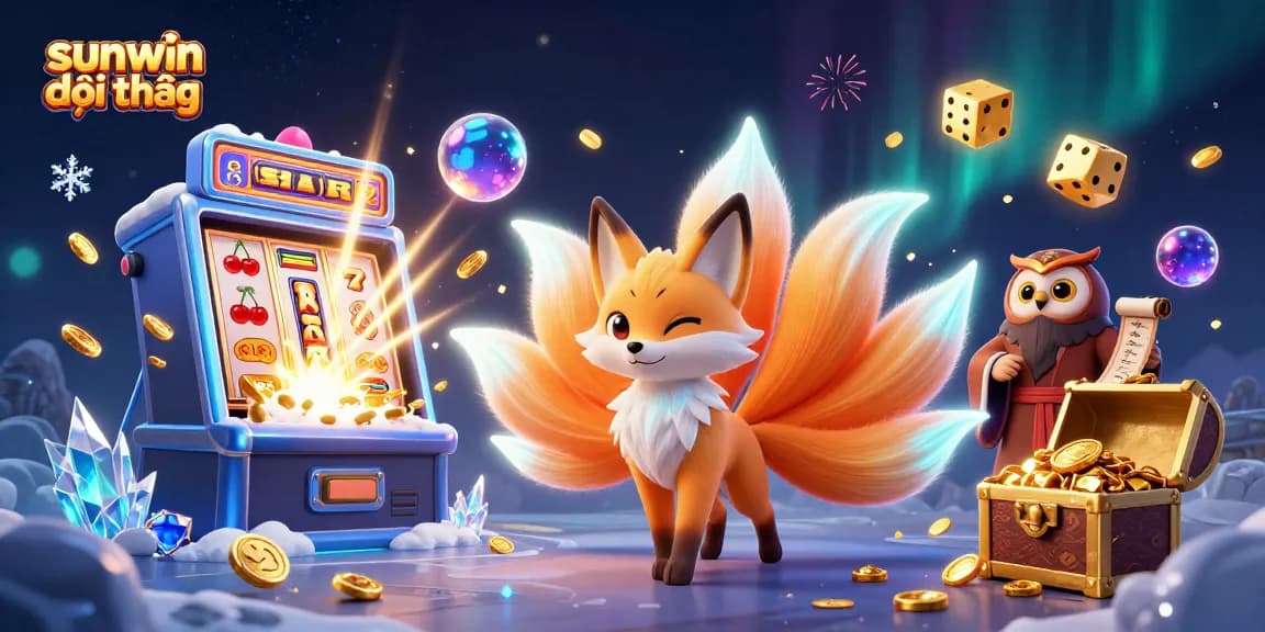 Engage with the sunwin đổi thưởng experience amidst vibrant slots, illuminated characters, and a jackpot explosion.