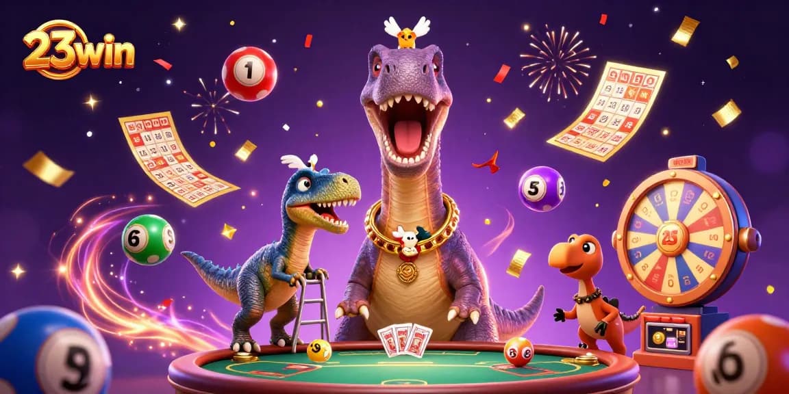Join the excitement at 23win as a brontosaurus towers over a lively casino scene filled with vibrant game elements!