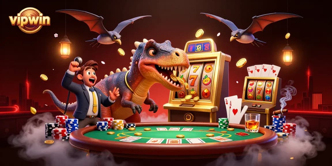 Experience vipwin excitement as cartoon dinosaurs win big at a dynamic casino scene!