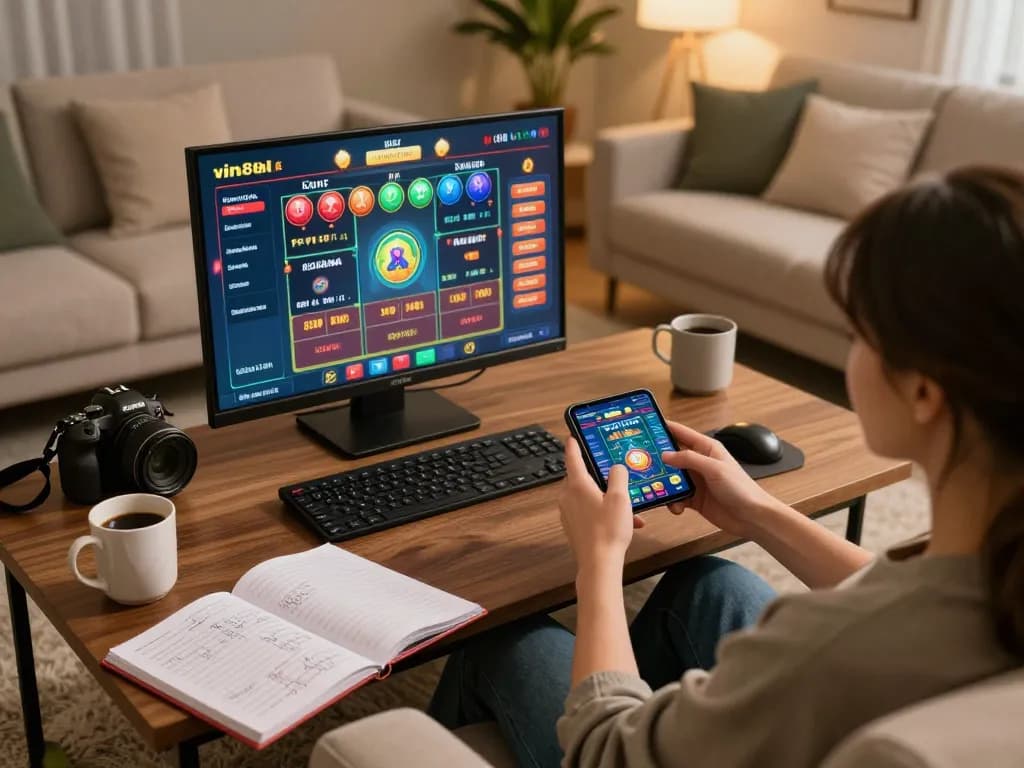 Player engaging in online casino gaming on smartphone at home with vin88lk app interface.