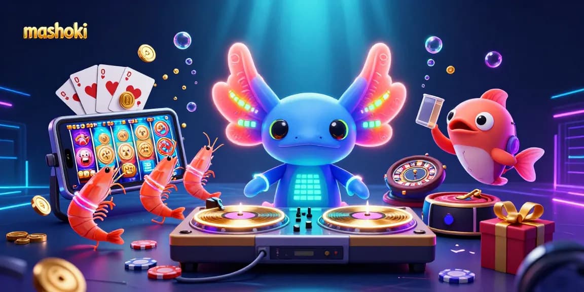 Experience mashoki gaming excitement with a vibrant underwater party scene featuring colorful slot games and dynamic sea creatures.