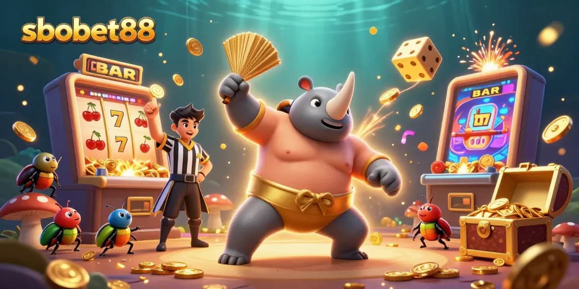 Experience sbobet88 with a jubilant beetle sumo champion amidst a dynamic jackpot explosion.