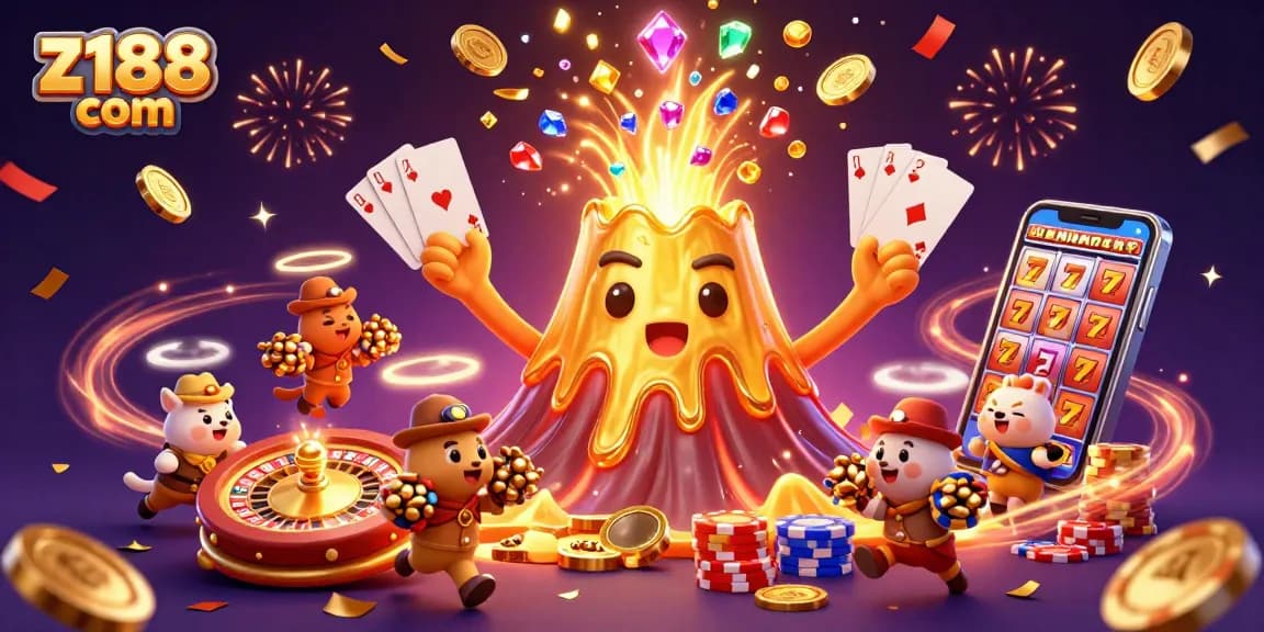 Spin the exciting world at z188 com with a dazzling volcano of coins and gems erupting amidst casino elements!