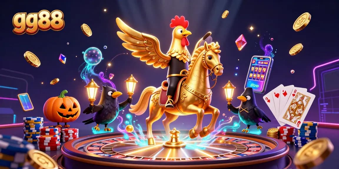 Experience the excitement of gg88 with a golden rooster and spectral horse amidst dazzling casino elements.