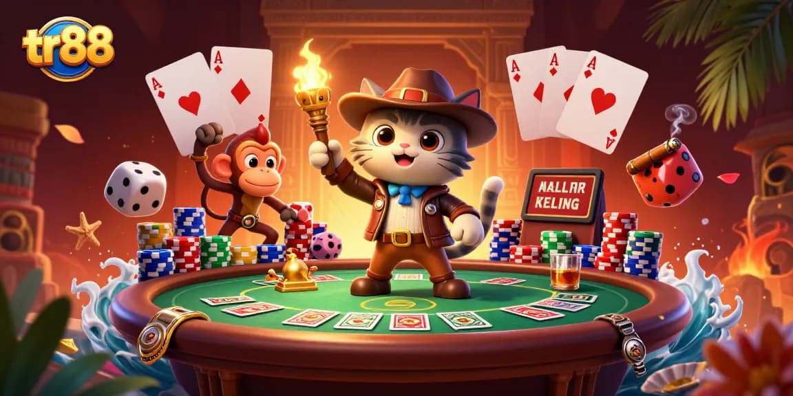Experience thrilling moments at tr88 with a cat archaeologist and monkey companion discovering golden casino artifacts.