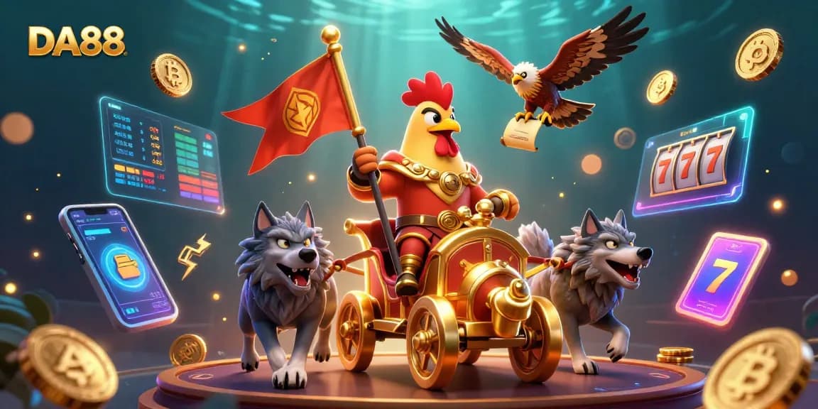 Spin the reels with DA88 in an immersive online casino scene featuring vibrant slot symbols.