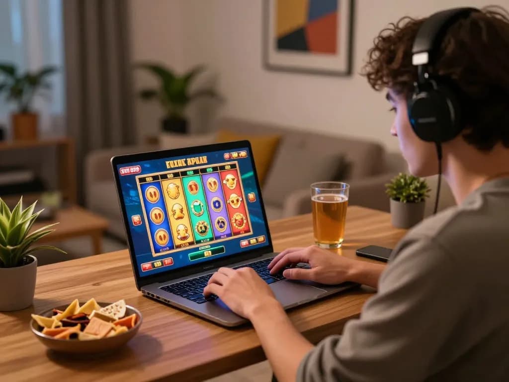 Engaging in slot online gameplay on a laptop, showcasing colorful screen graphics and a relaxed atmosphere.