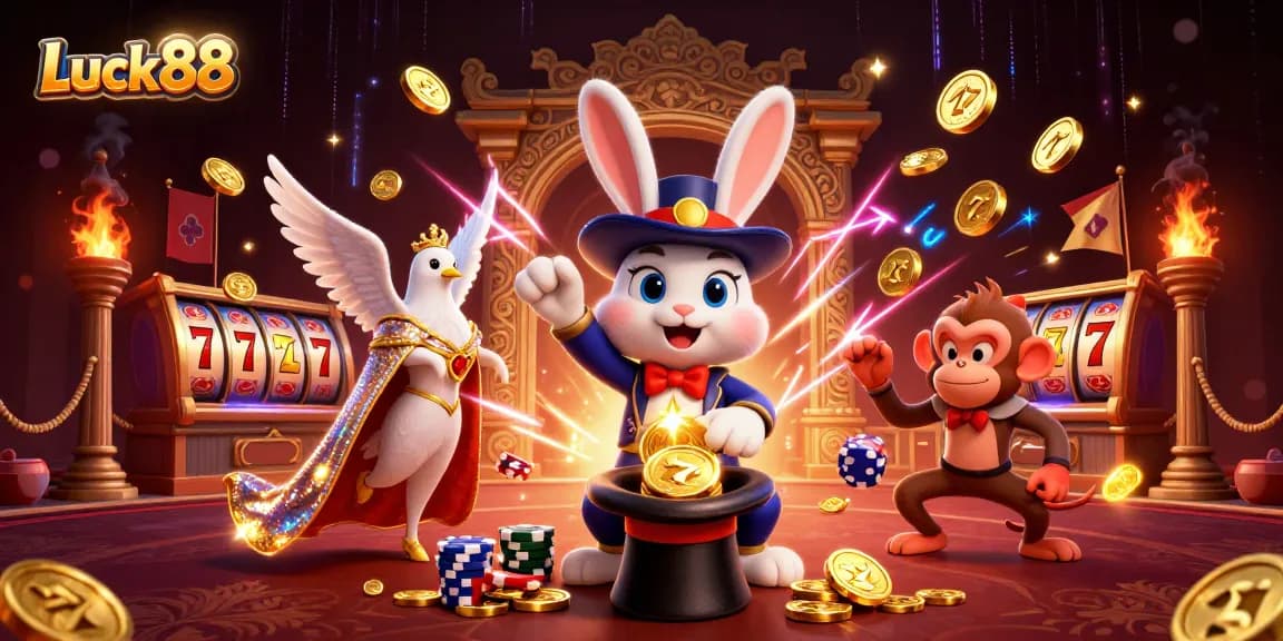 Experience the excitement of Luck88 as a magician rabbit pulls golden coins from a top hat amidst vibrant casino elements.