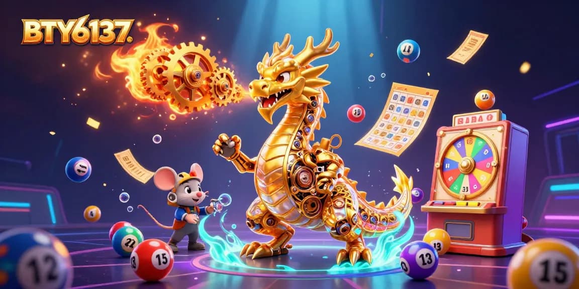 Engage with BTY6137's vibrant lottery scene featuring a golden dragon and colorful game elements!